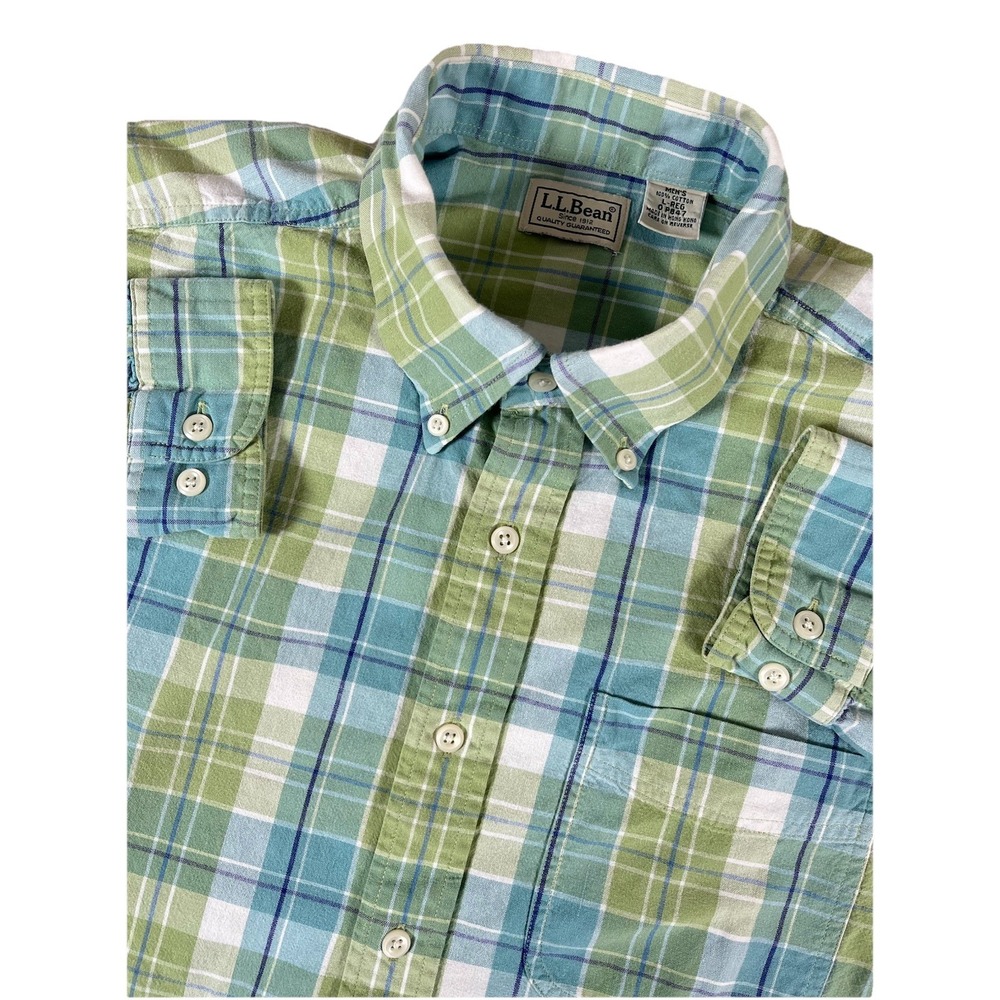 L.L. Bean 0‎ PB47 Green Blue White Cotton Plaid L/S Btn Down Shirt Men's Lg Reg